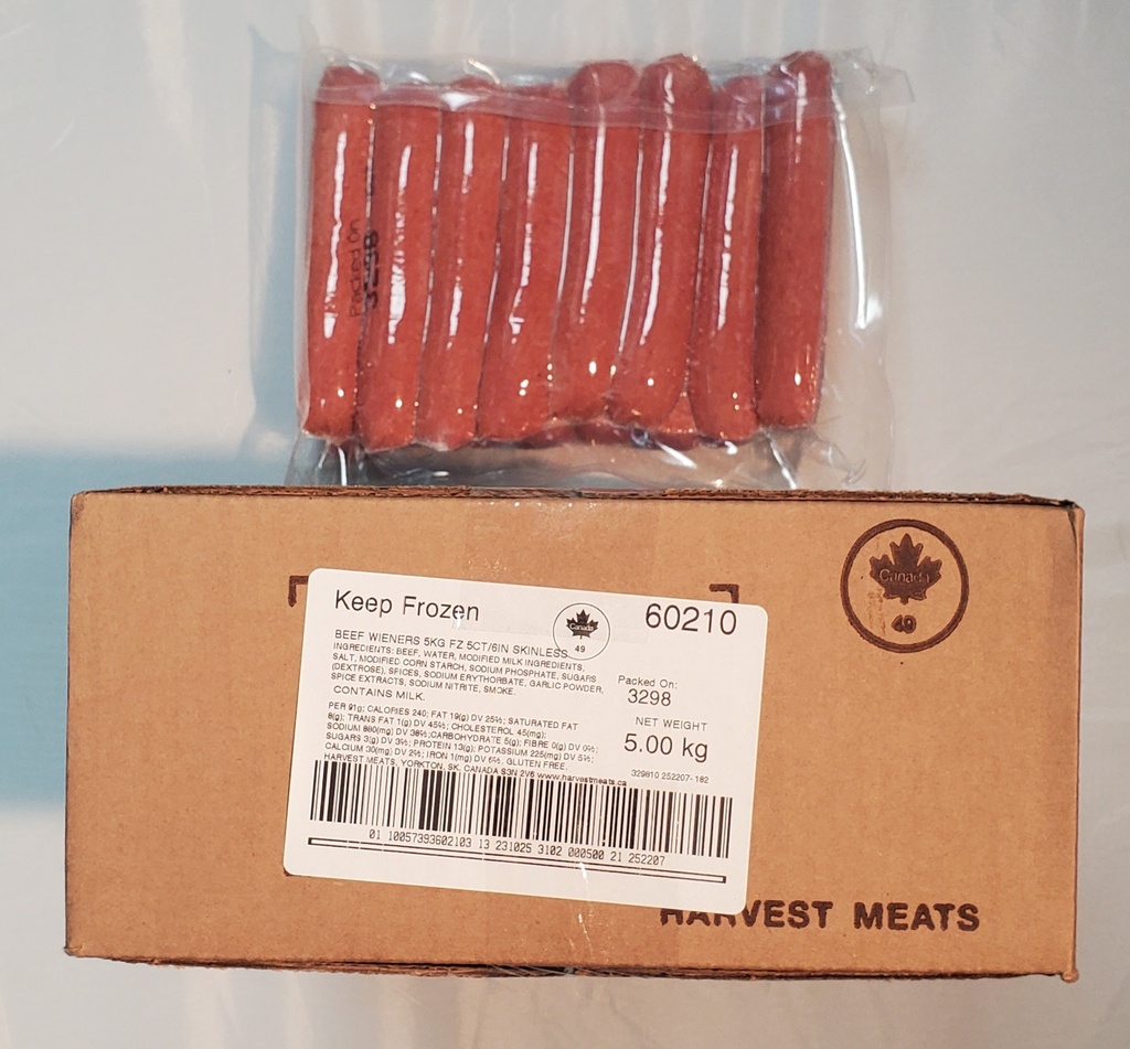 hot dog - ALL BEEF - 6" / 91g / skinless - Harvest / 60210 - cs/5kg / 4/1.25 bgs
